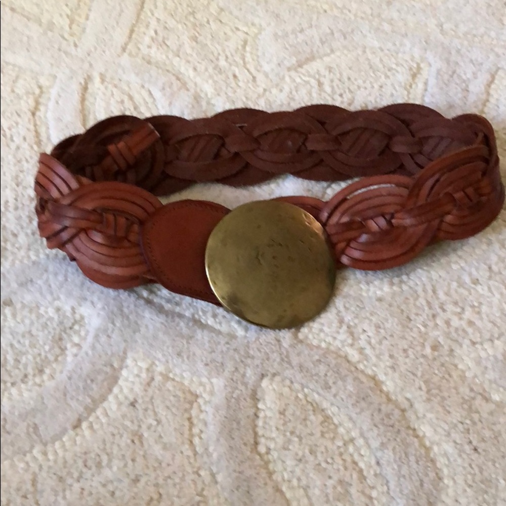 Anthropologie Braided Leather Belt with Brass Disc Buckle - Brown and Gold